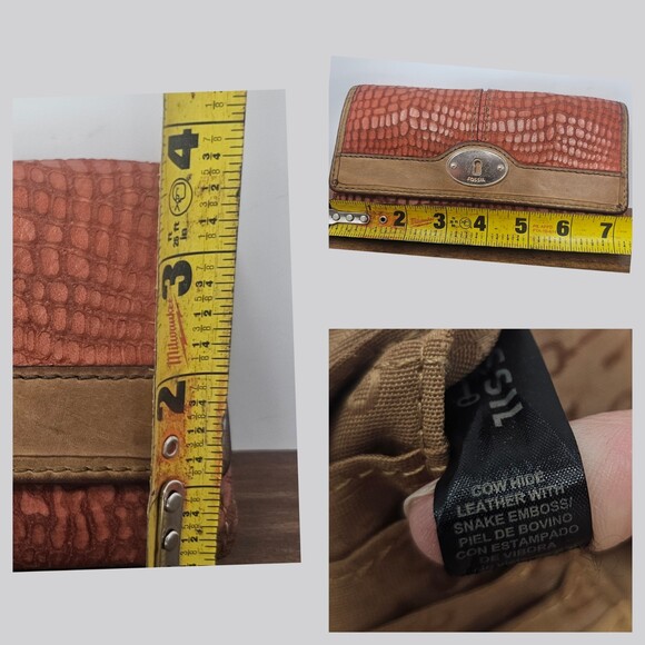 Fossil Trifold Wallet Coral Tan Snake Embossed Leather Card Organizer - Picture 8 of 10